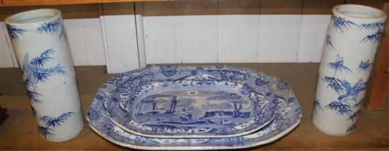 Pair of Japanese blue and white vases and 2 blue and white meat plates
